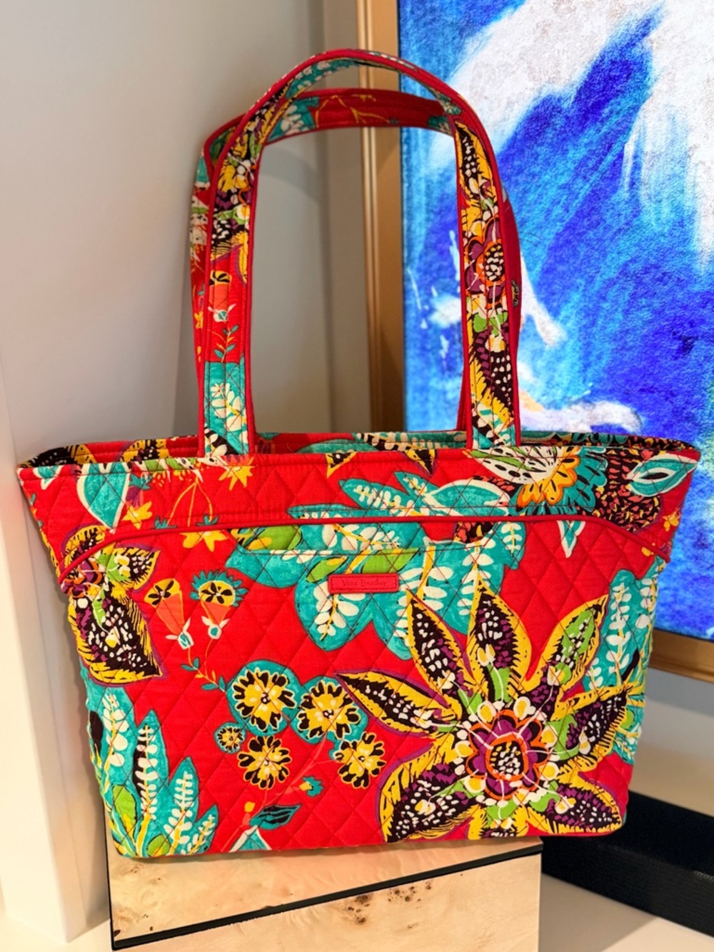 Vera Bradley Small Hathaway Tote Bag in Red with Turquoise Yellow & Greens NWOT - Picture 12 of 12
